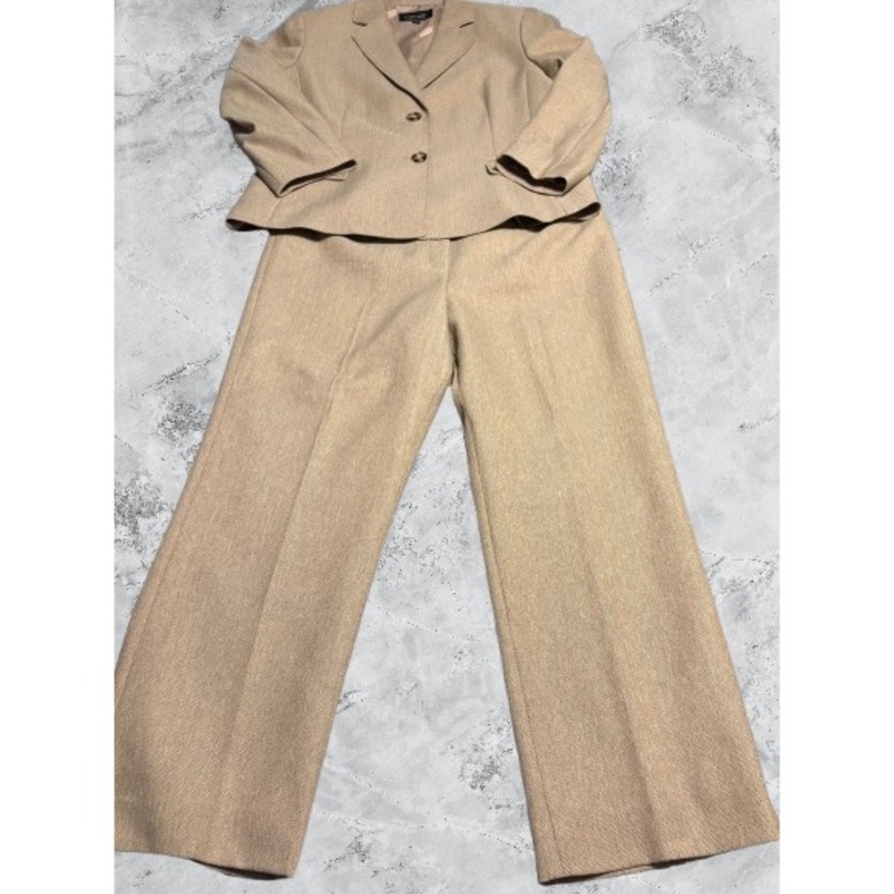 Evan Picone Black Label Tan Herringbone PantSuit 2pc Blazer 18 Wide Leg Pants 14